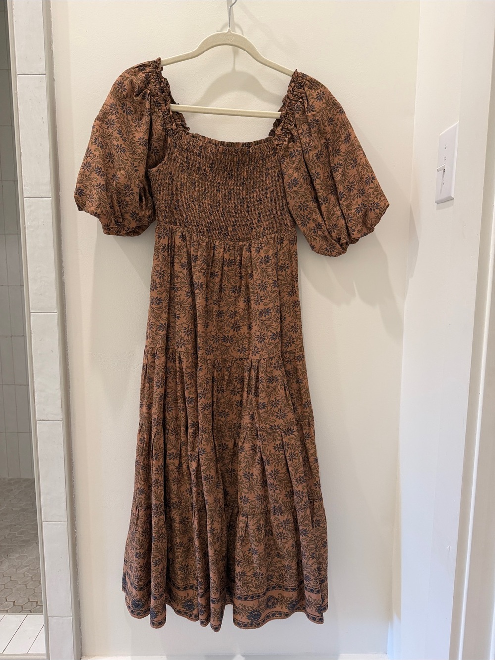 Smocked Brown Floral Puff-Sleeve Maxi Dress